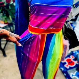 Rainbow colored strapless jumpsuit